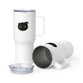 White travel mug with handle and straw, featuring a minimalist black cat face graphic