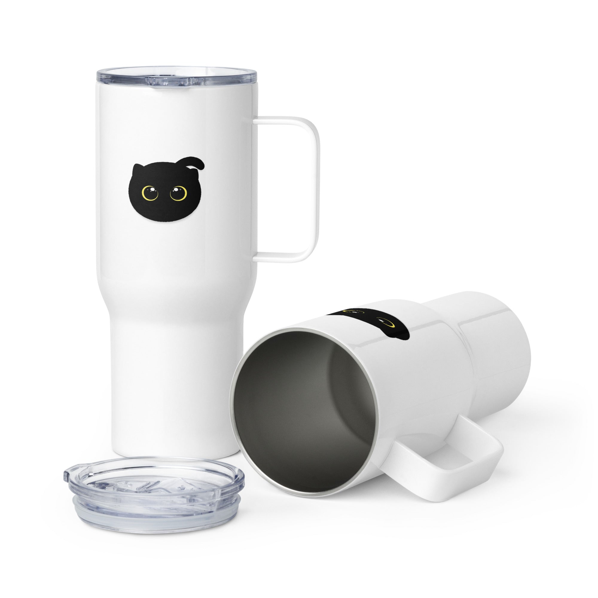 White travel mug with handle and straw, featuring a minimalist black cat face graphic