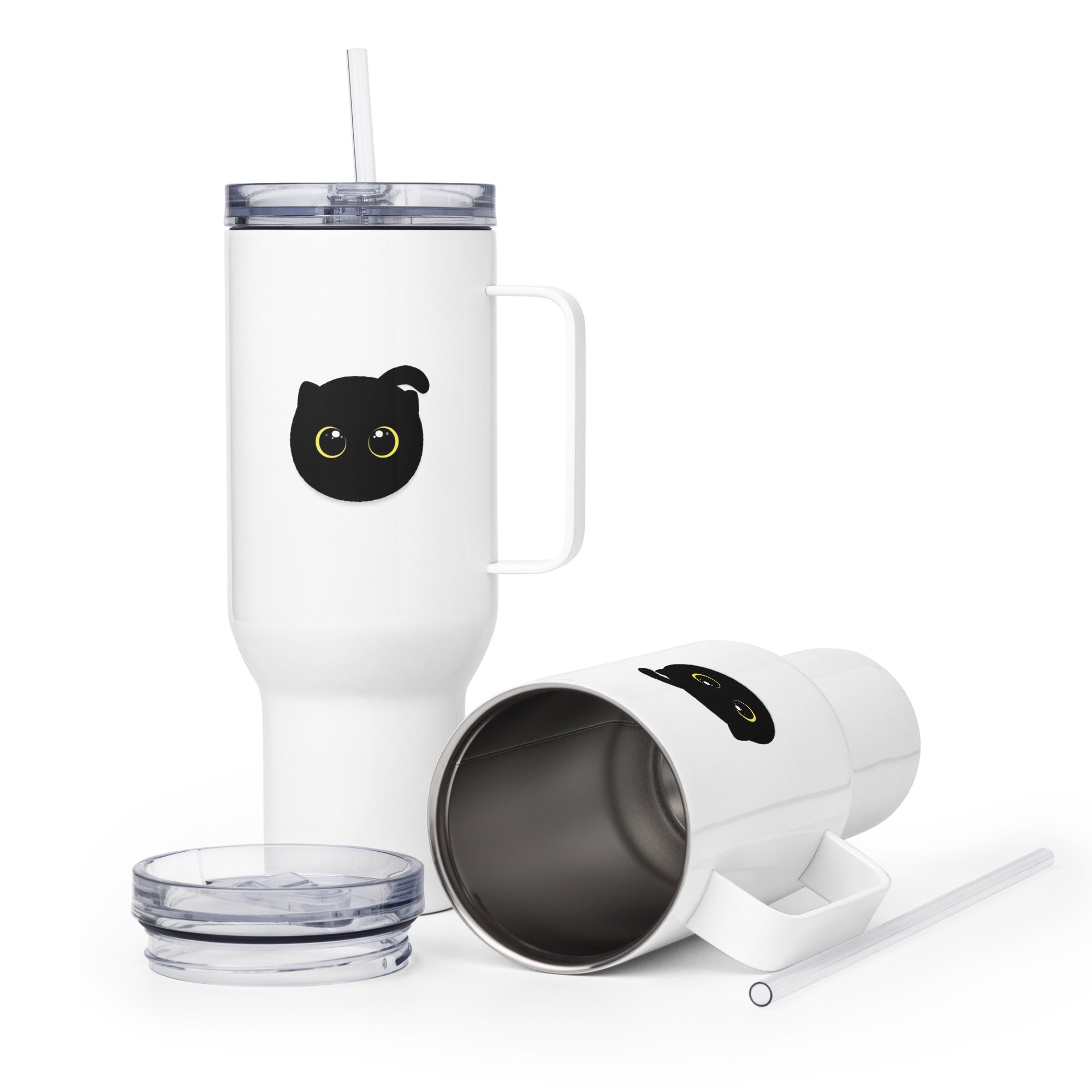 White travel mug with handle and straw, featuring a minimalist black cat face graphic