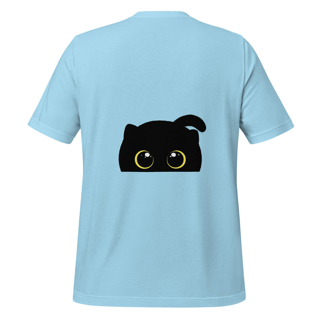 Snowblack black cat graphic t-shirt in blue color back