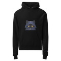 Black Champion hoodie with a mysterious black cat in a black hood graphic on the front