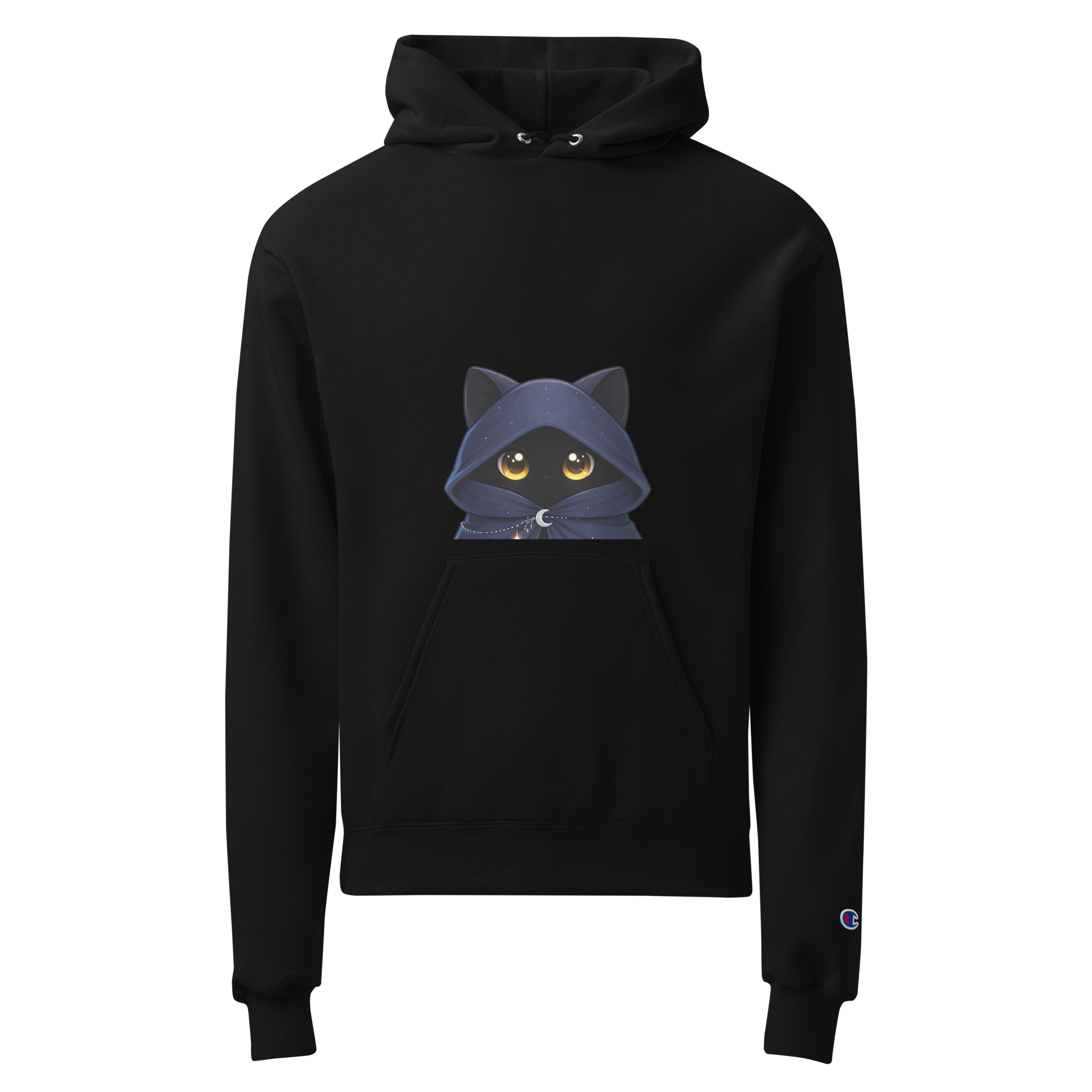 Black Champion hoodie with a mysterious black cat in a black hood graphic on the front