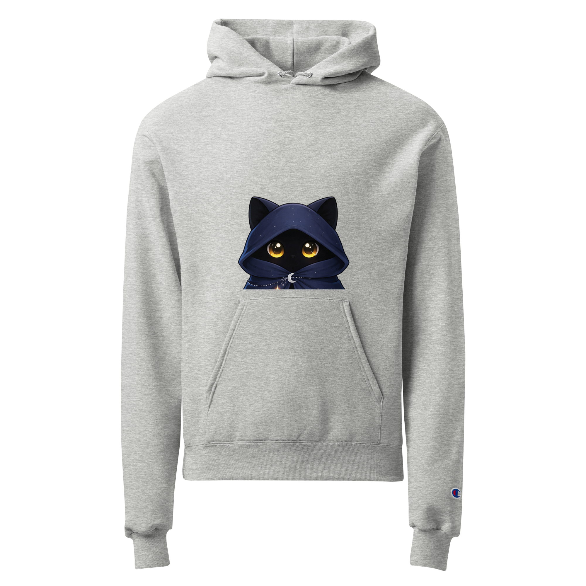 Light steel Champion hoodie with a mysterious black cat in a navy hood graphic on the front