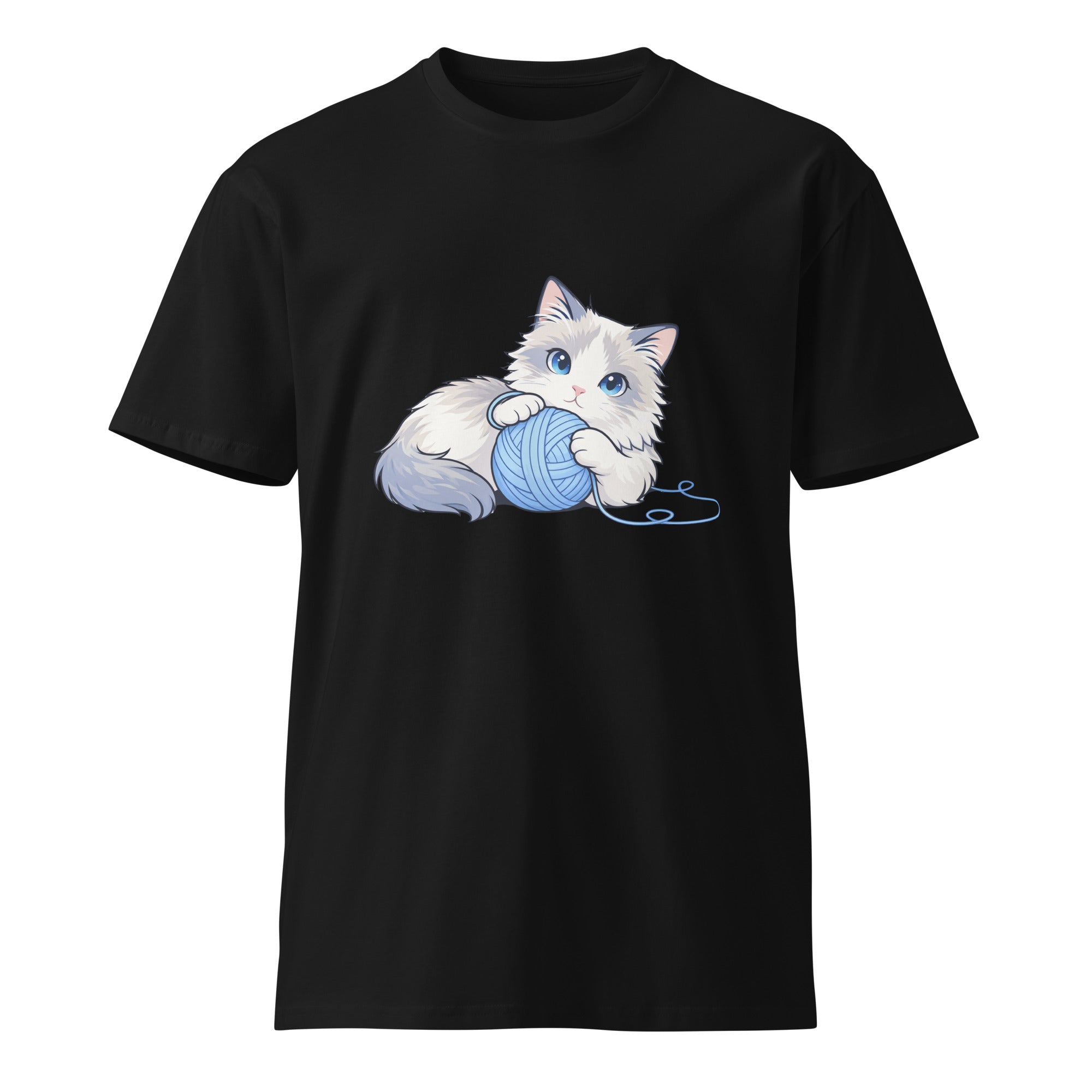 Black premium T-shirt with a blue-eyed ragdoll cat playing with a yarn ball graphic