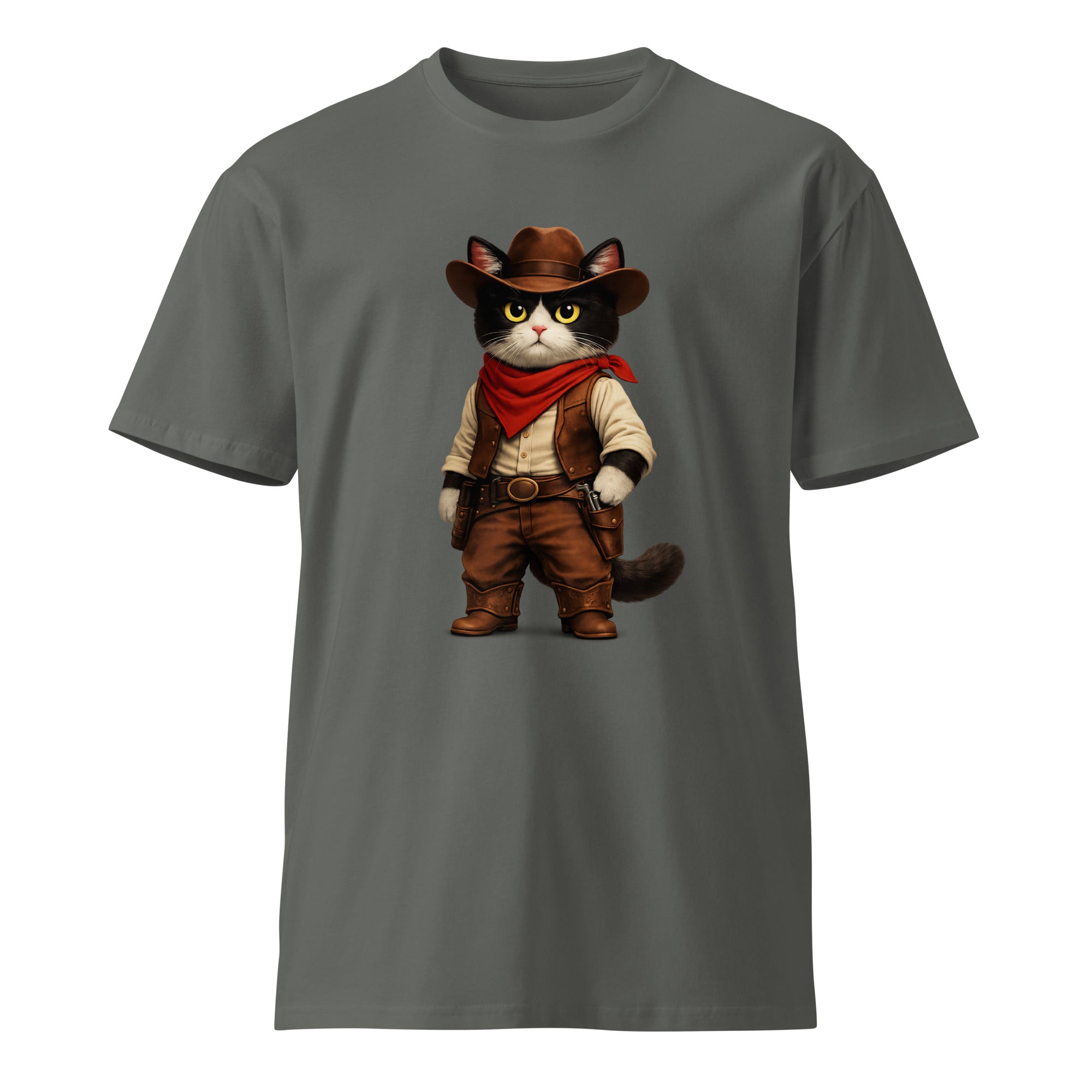 Charcoal premium T-shirt with a black-and-white cowboy cat graphic