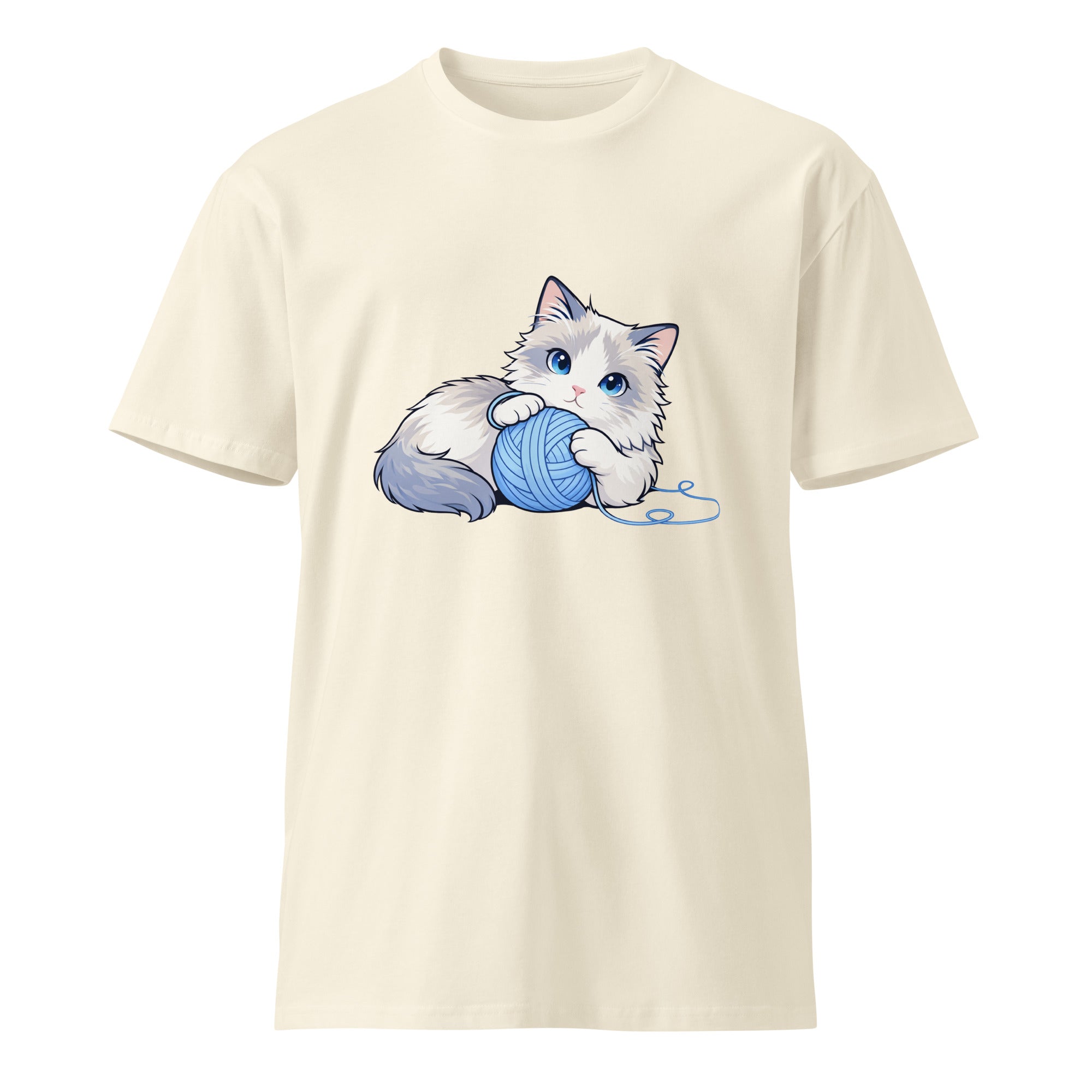Natural premium T-shirt with a blue-eyed ragdoll cat playing with a yarn ball graphic