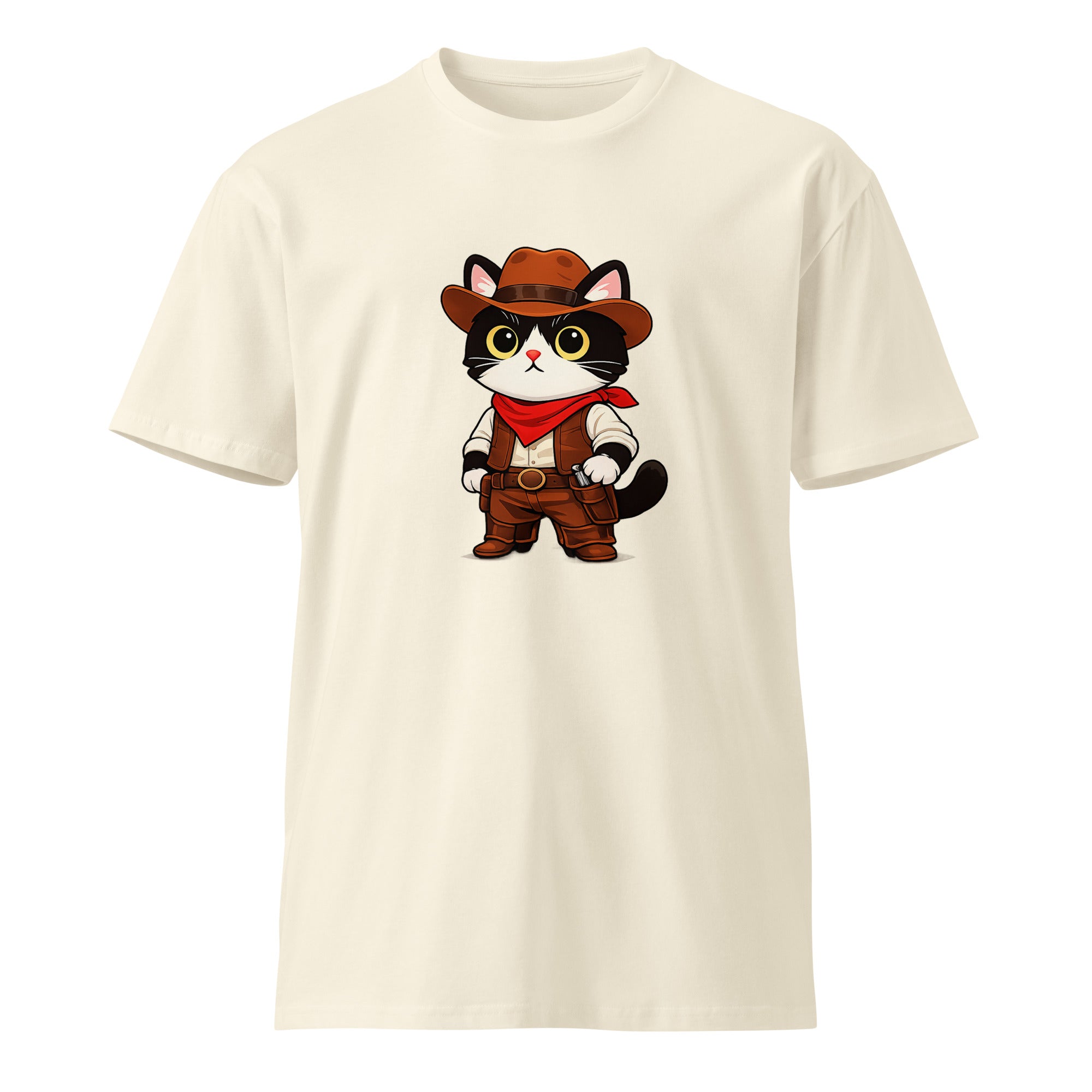 Natural premium T-shirt with a cowboy black-and-white cat graphic