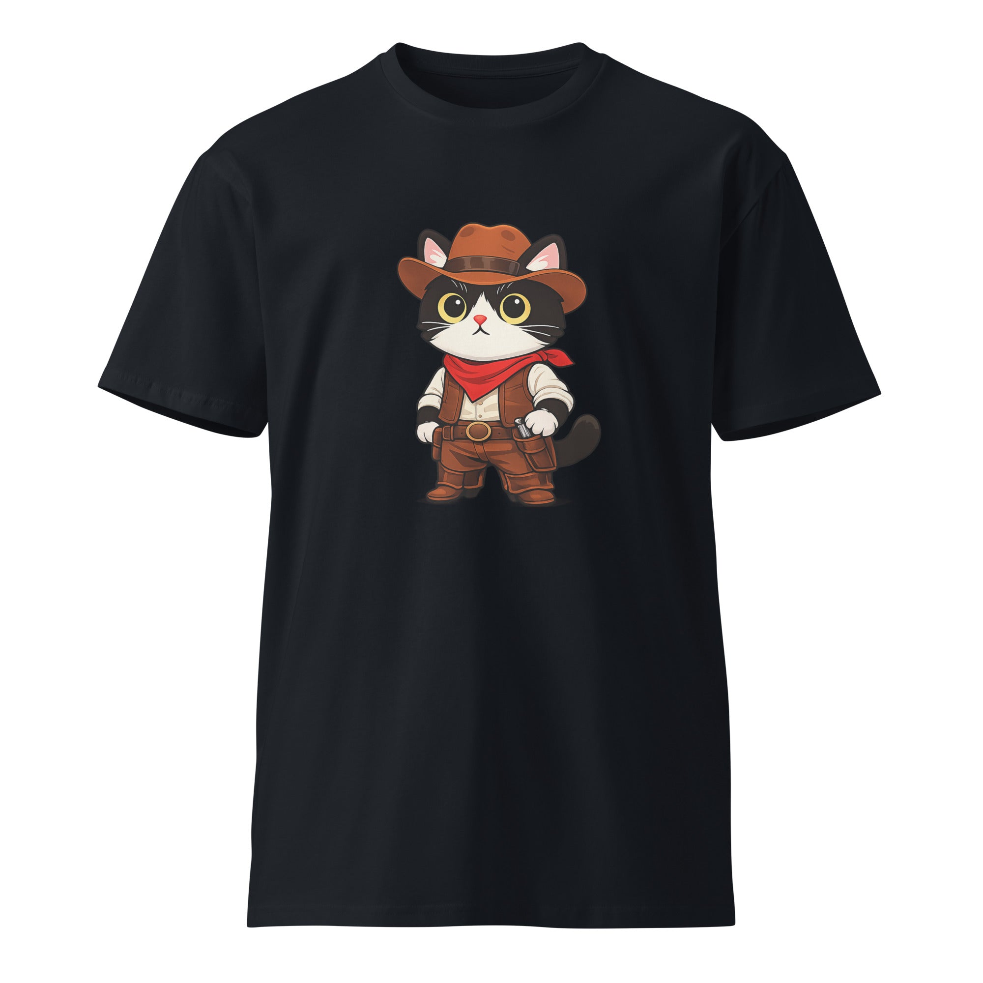 Navy premium T-shirt with a cowboy black-and-white cat graphic