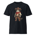 Navy premium T-shirt with a black-and-white cowboy cat graphic