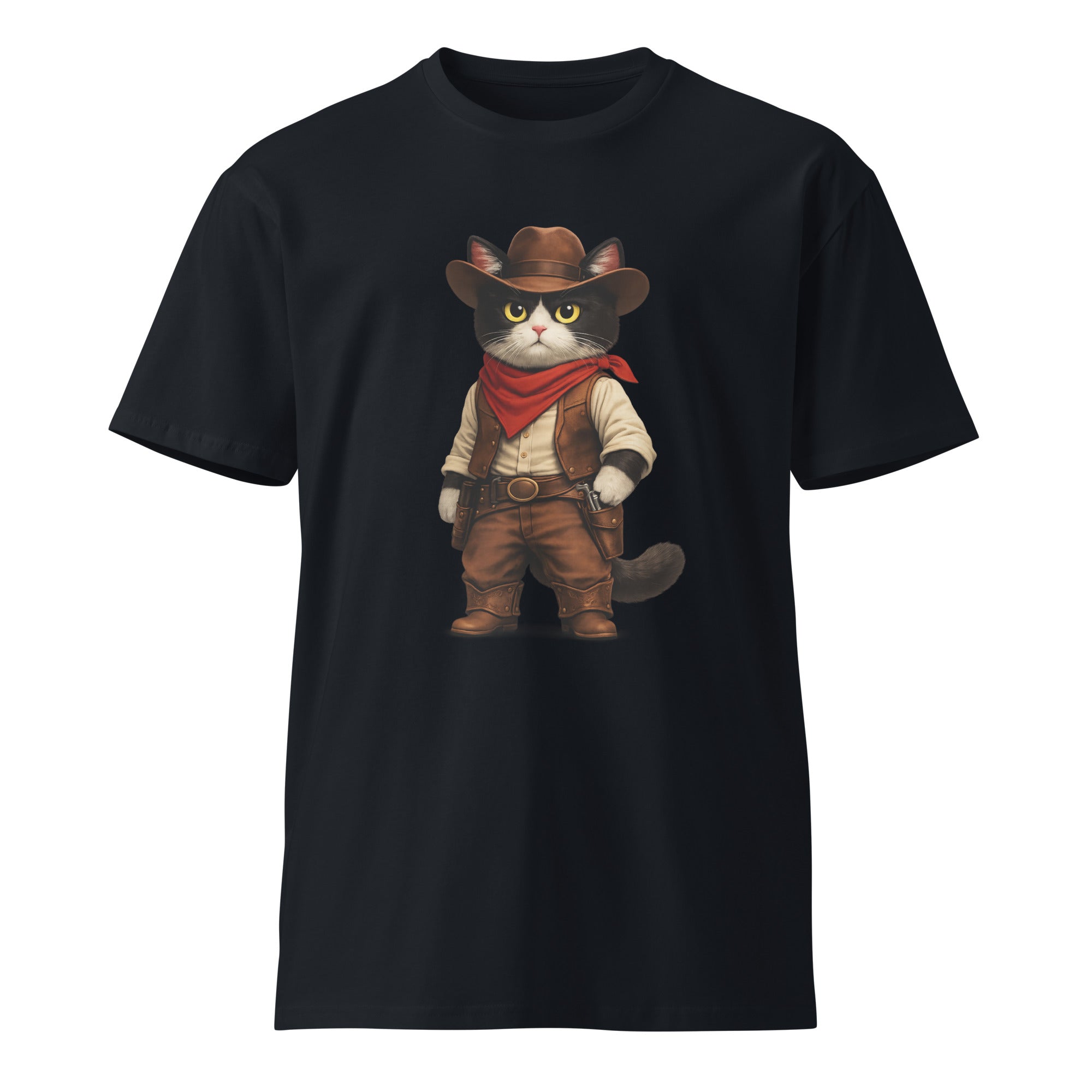 Navy premium T-shirt with a black-and-white cowboy cat graphic