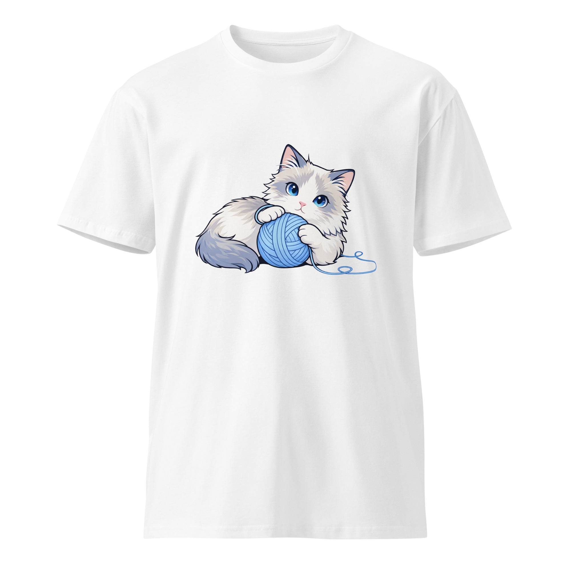 White premium T-shirt with a blue-eyed ragdoll cat playing with a yarn ball graphic