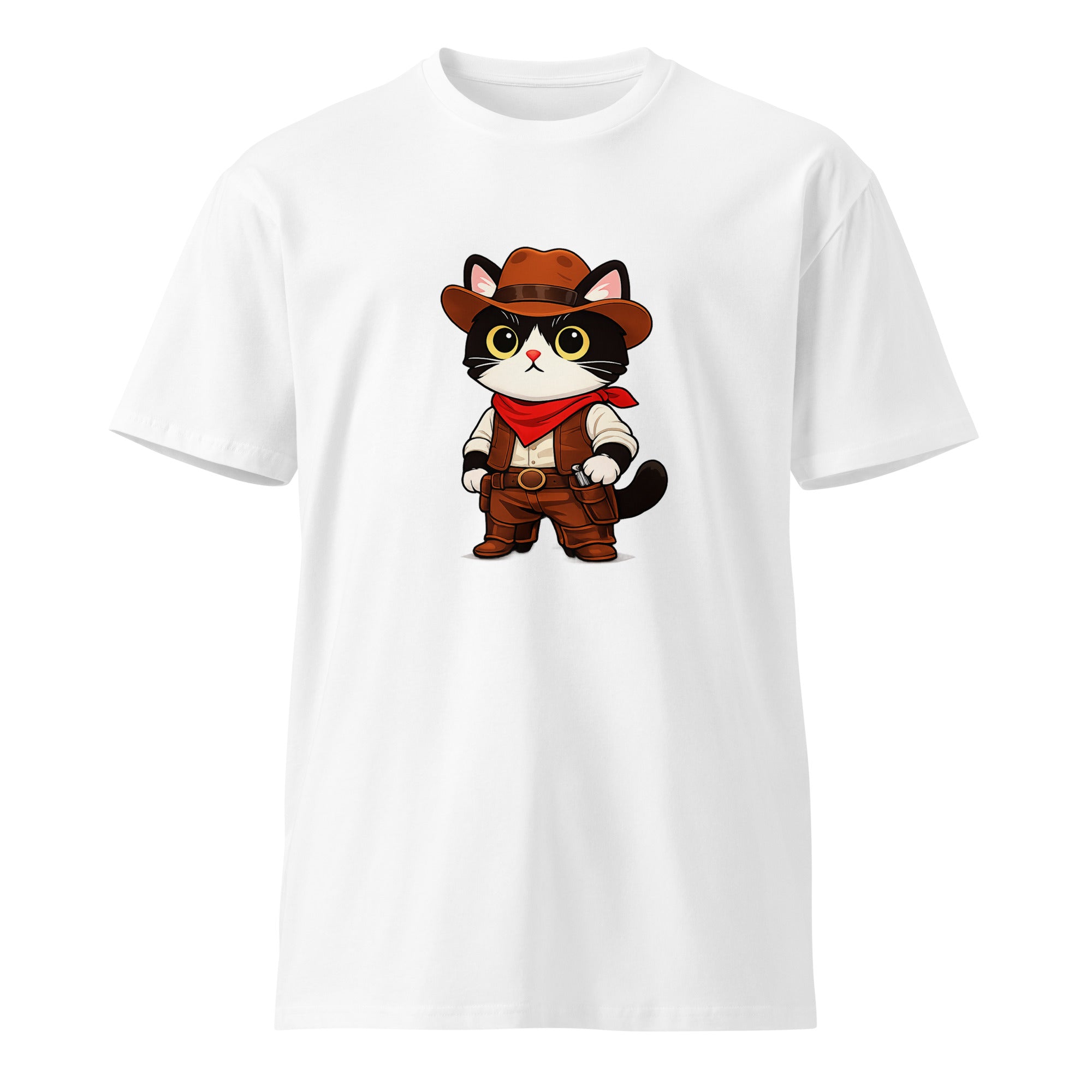 White premium T-shirt with a cowboy black-and-white cat graphic