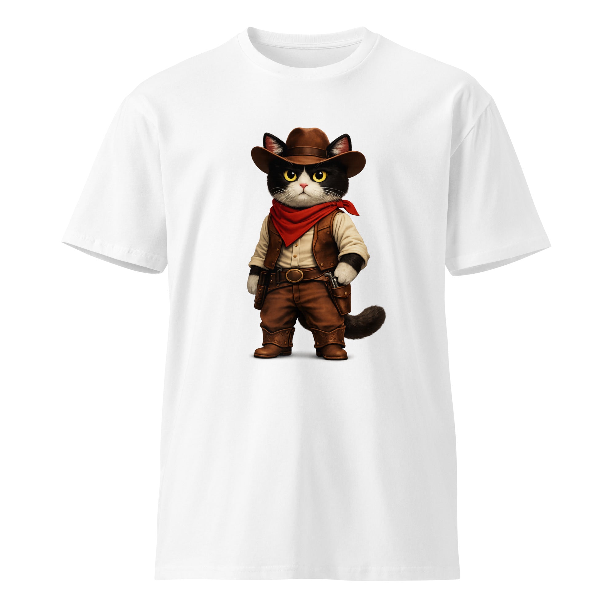 White premium T-shirt with a black-and-white cowboy cat graphic