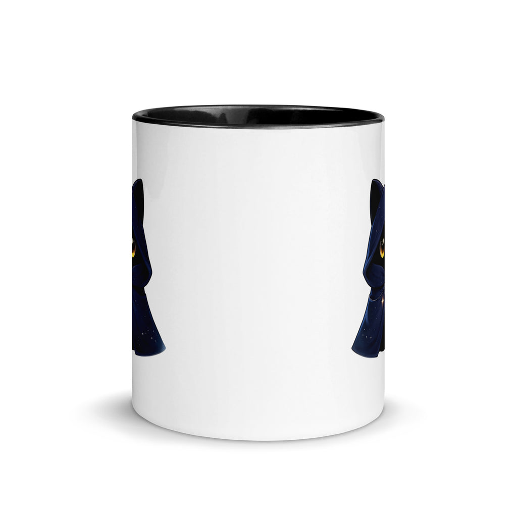 White mug with black interior and handle, featuring a mysterious black cat in a navy hood graphic