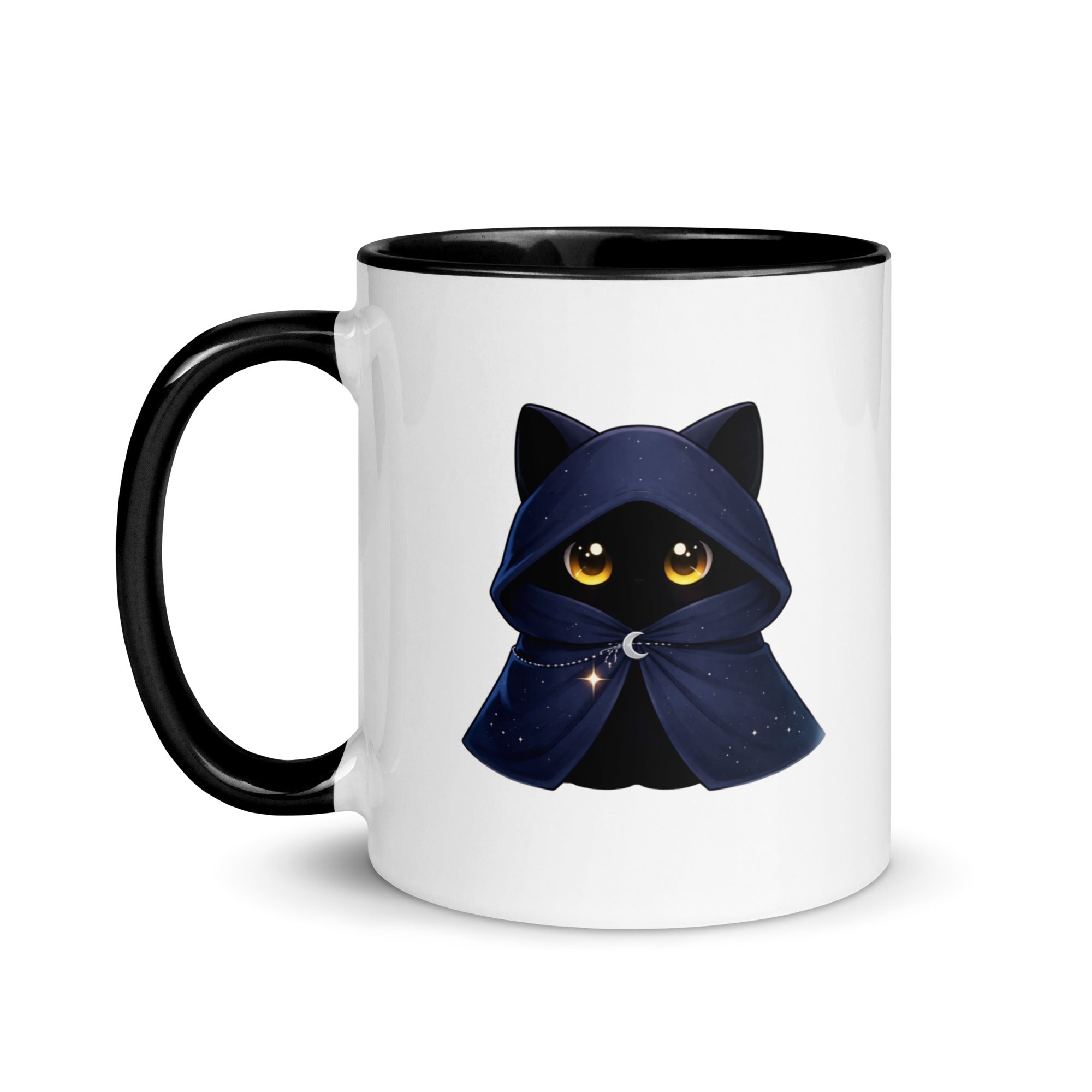 White mug with black interior and handle, featuring a mysterious black cat in a navy hood graphic