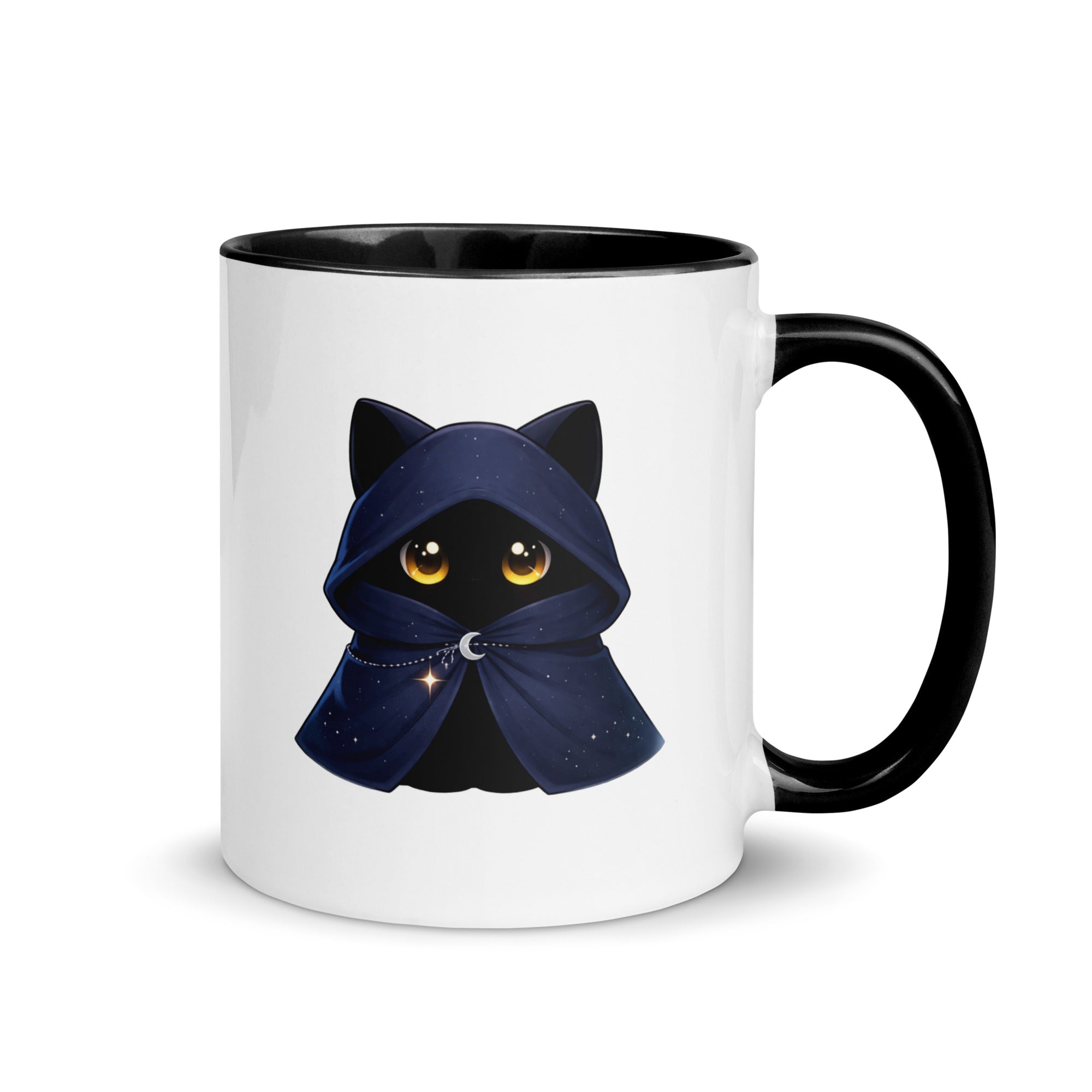 White mug with black interior and handle, featuring a mysterious black cat in a navy hood graphic