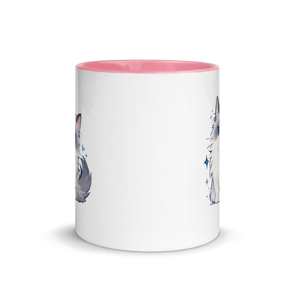 White mug with pink interior and handle, featuring a cute blue-eyed ragdoll cat graphic
