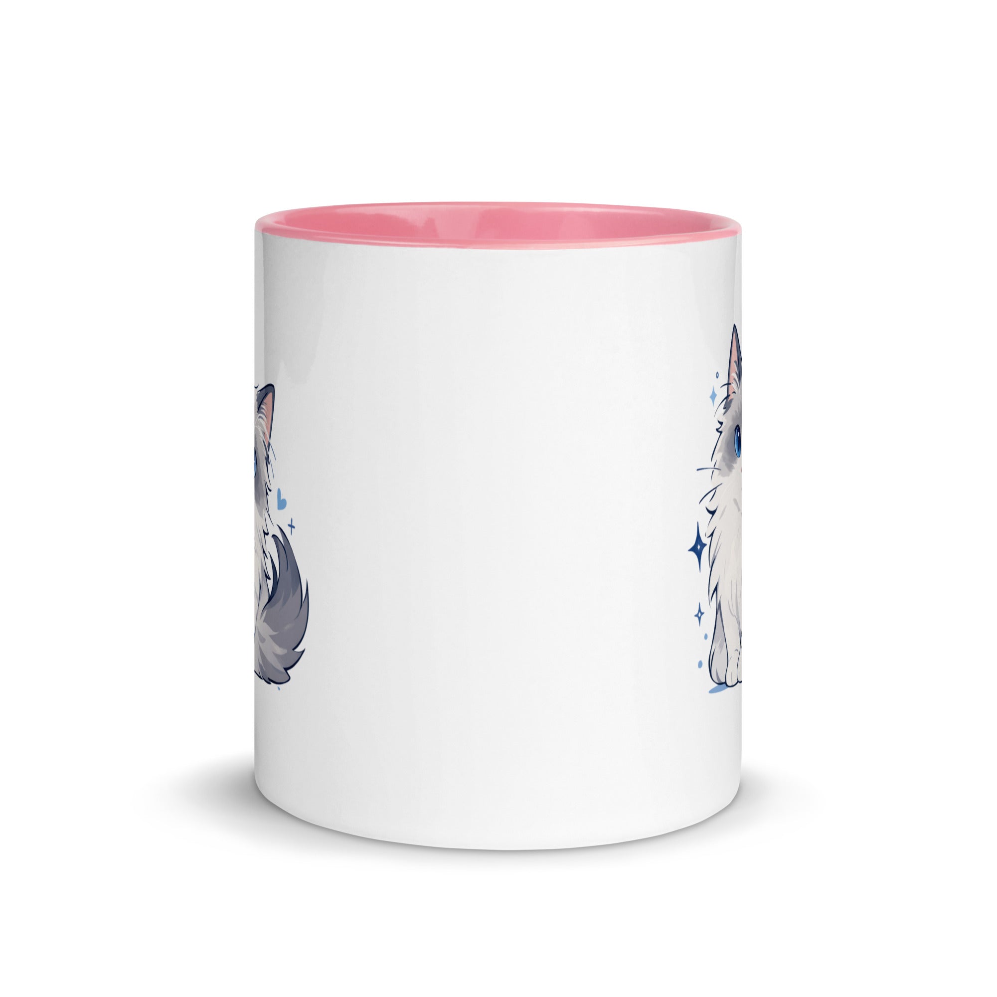 White mug with pink interior and handle, featuring a cute blue-eyed ragdoll cat graphic