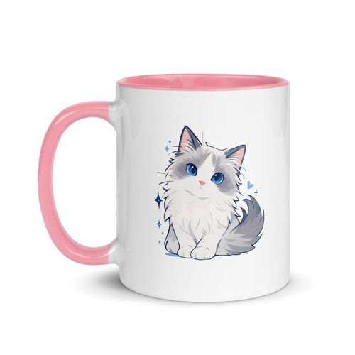 White mug with pink interior and handle, featuring a cute blue-eyed ragdoll cat graphic