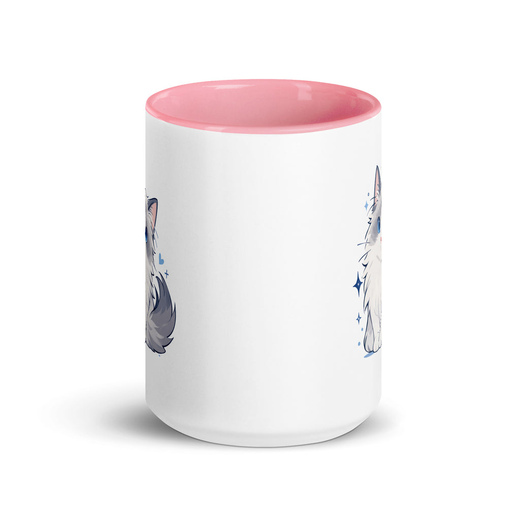 White mug with pink interior and handle, featuring a cute blue-eyed ragdoll cat graphic