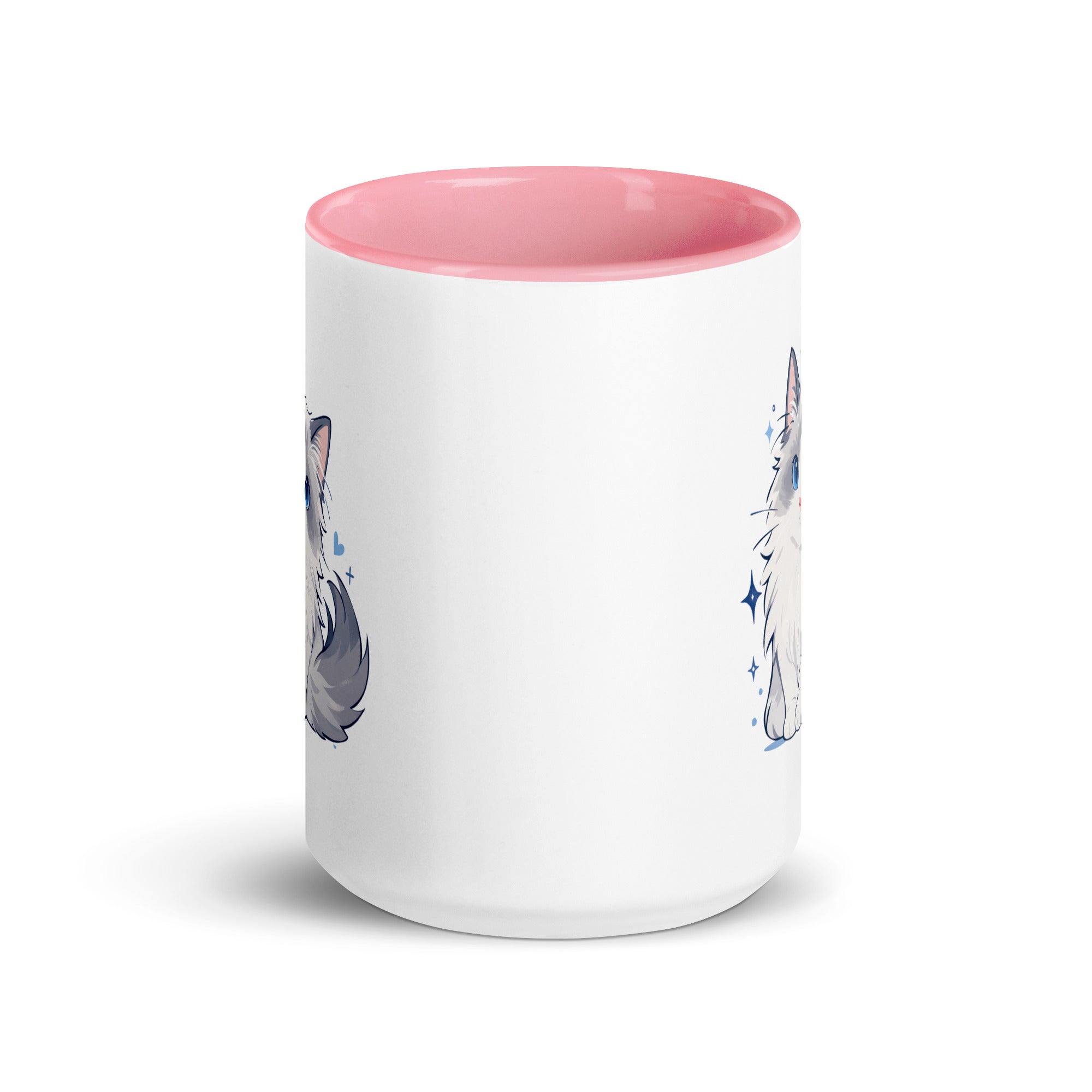 White mug with pink interior and handle, featuring a cute blue-eyed ragdoll cat graphic