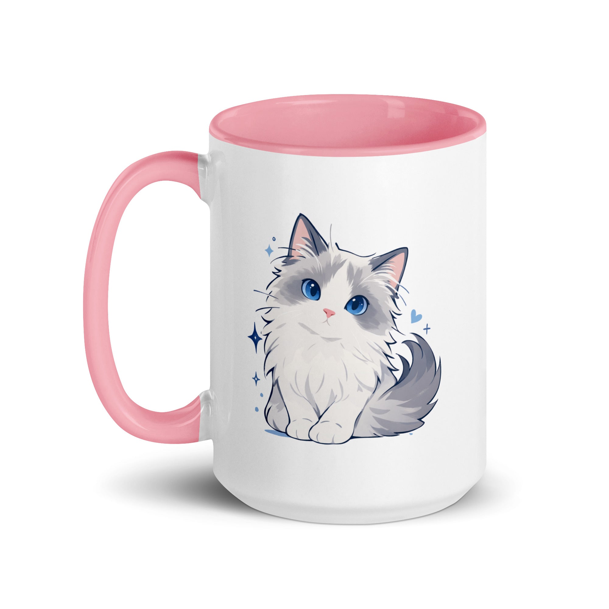 White mug with pink interior and handle, featuring a cute blue-eyed ragdoll cat graphic
