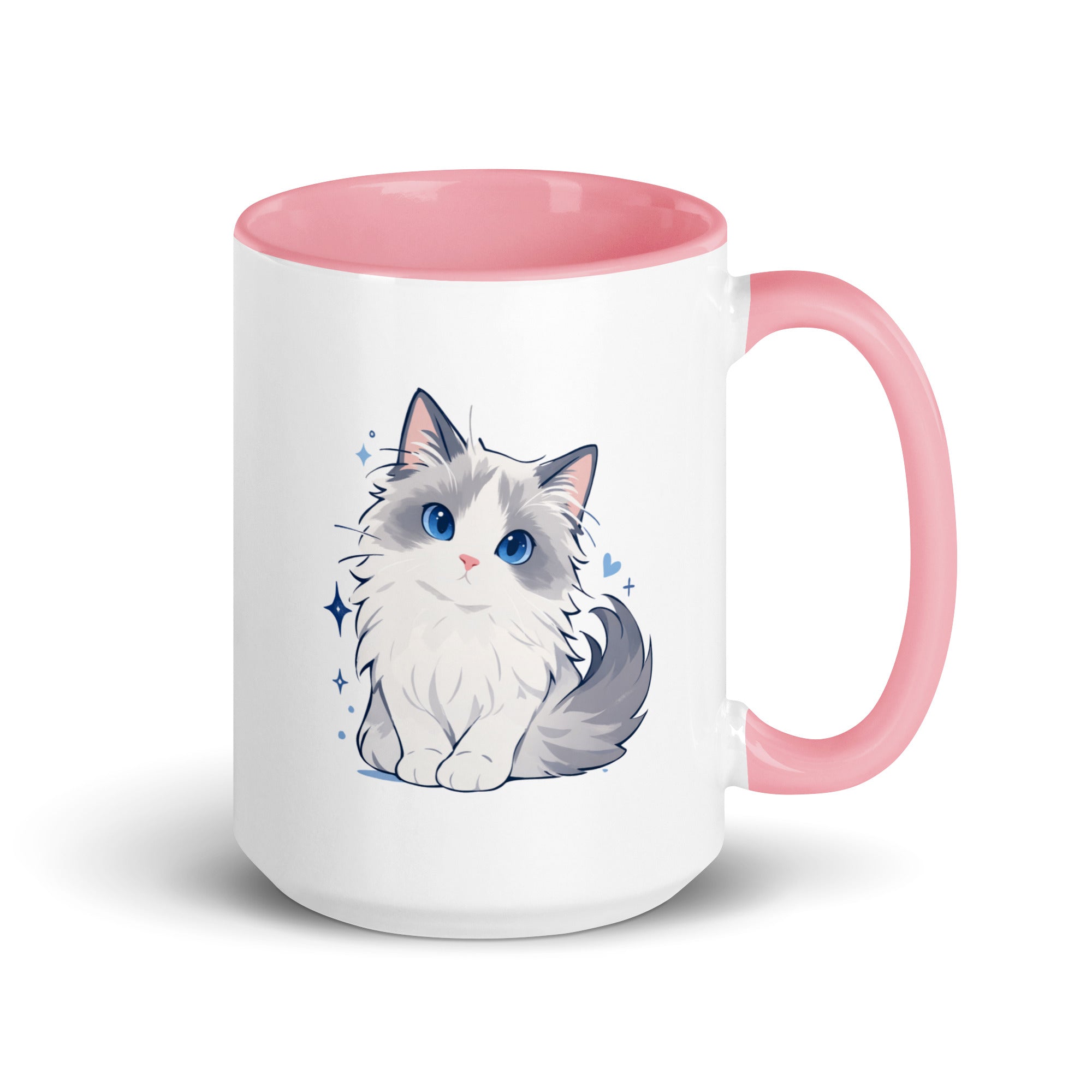 White mug with pink interior and handle, featuring a cute blue-eyed ragdoll cat graphic