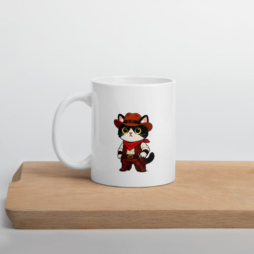 White glossy mug with a cute cowboy black-and-white cat graphic