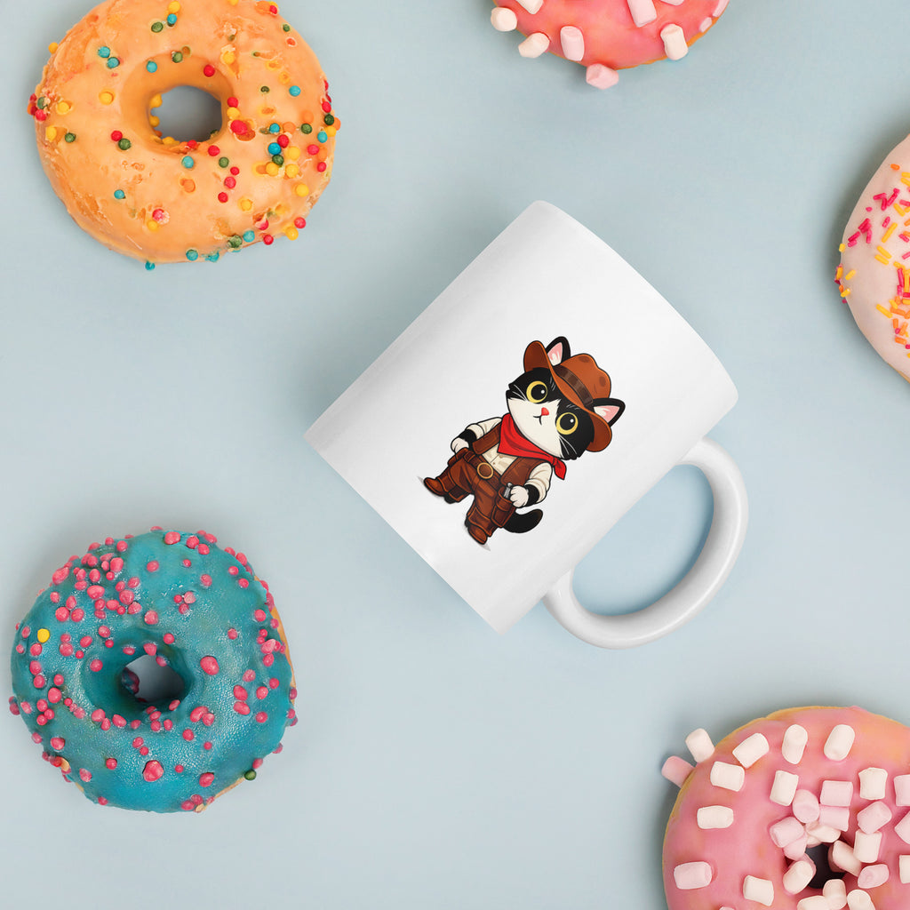 White glossy mug with a cute cowboy black-and-white cat graphic