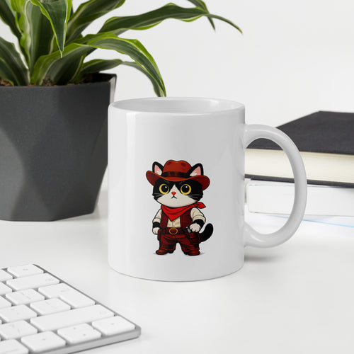 White glossy mug with a cute cowboy black-and-white cat graphic