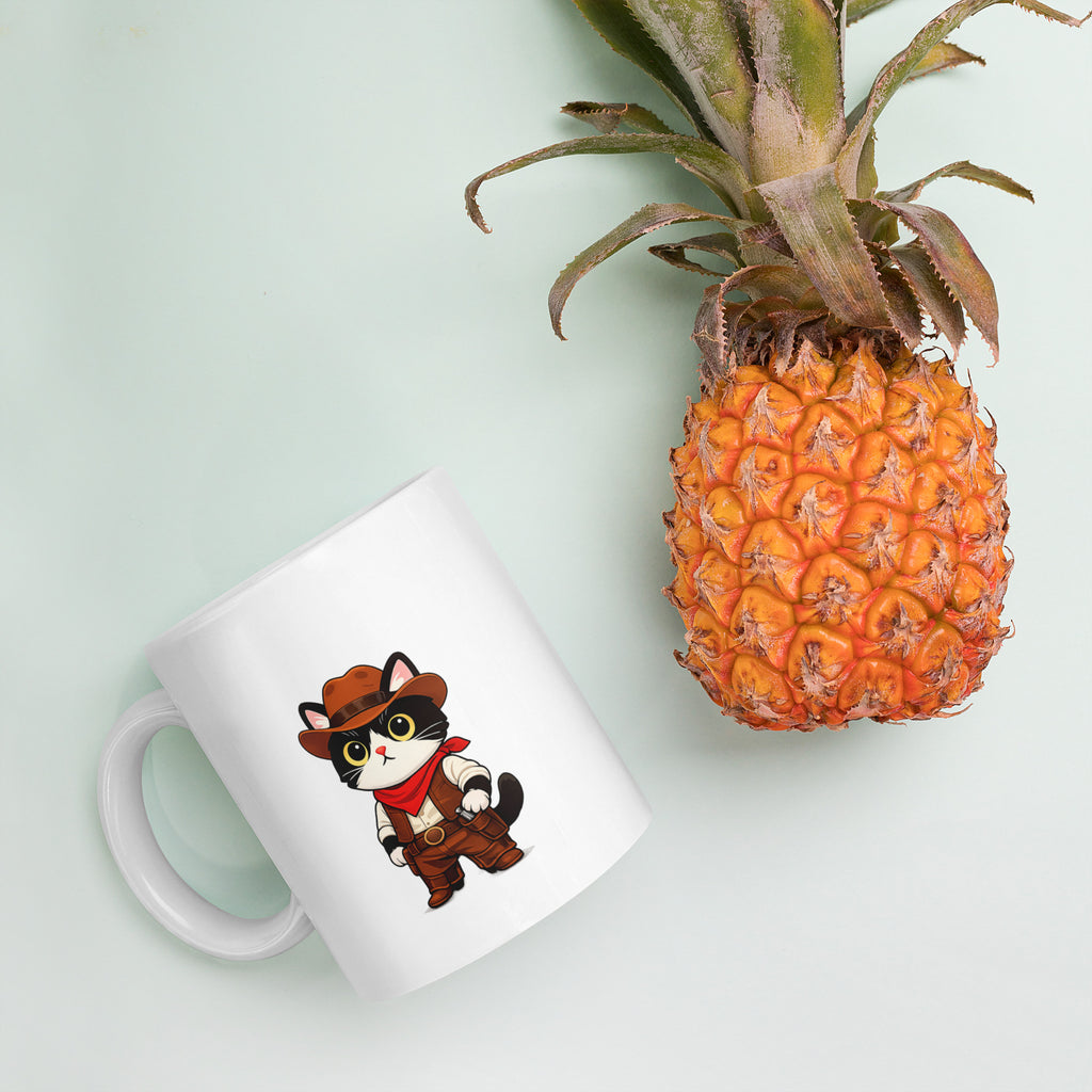 White glossy mug with a cute cowboy black-and-white cat graphic