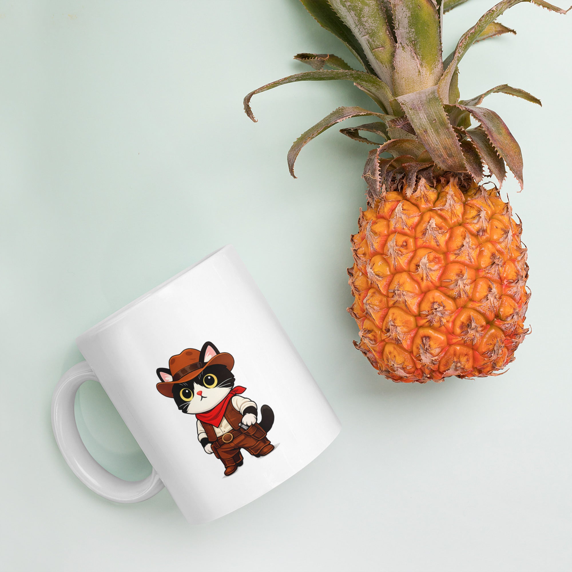 White glossy mug with a cute cowboy black-and-white cat graphic