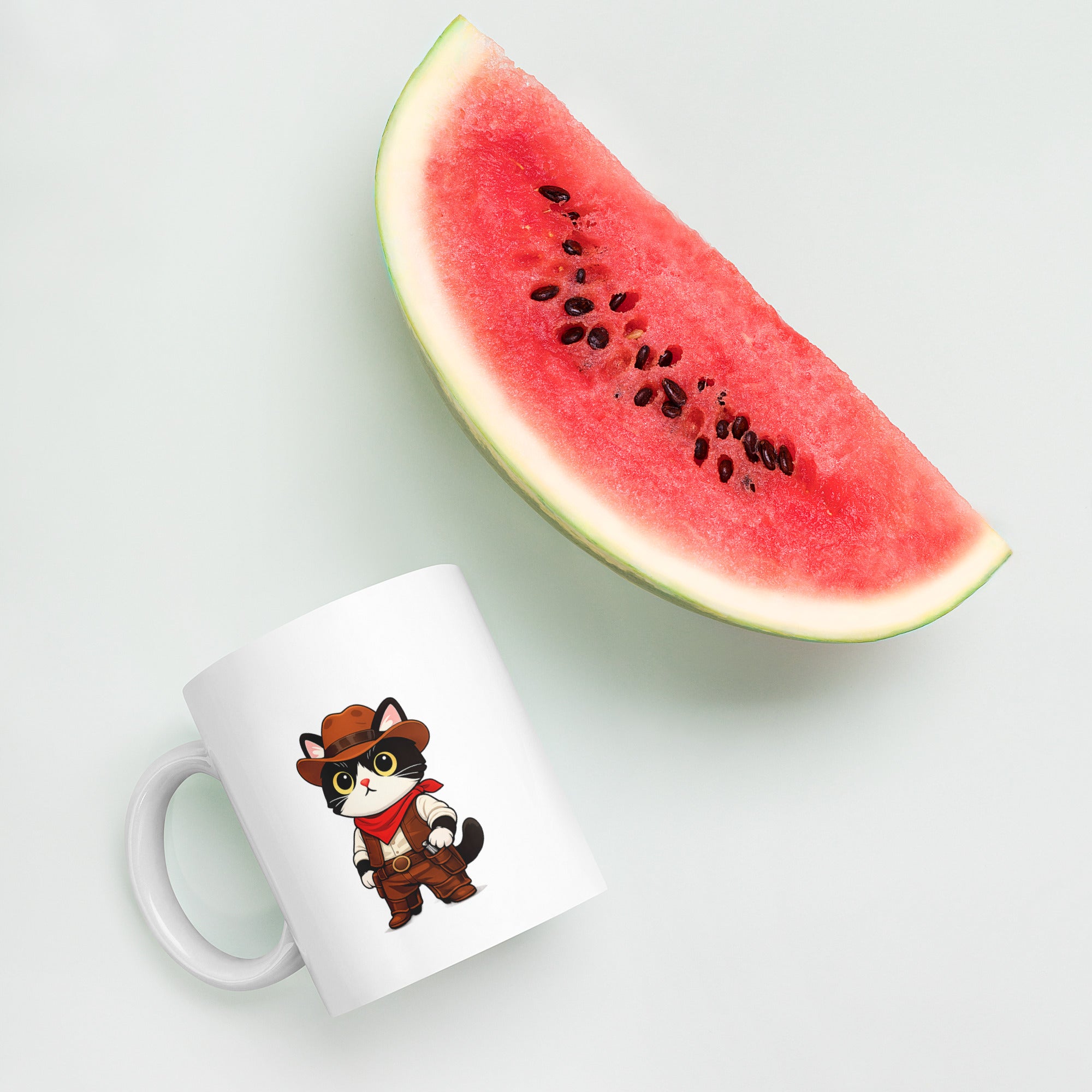 White glossy mug with a cute cowboy black-and-white cat graphic