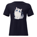 Navy women’s T-shirt with a cute blue-eyed ragdoll cat graphic