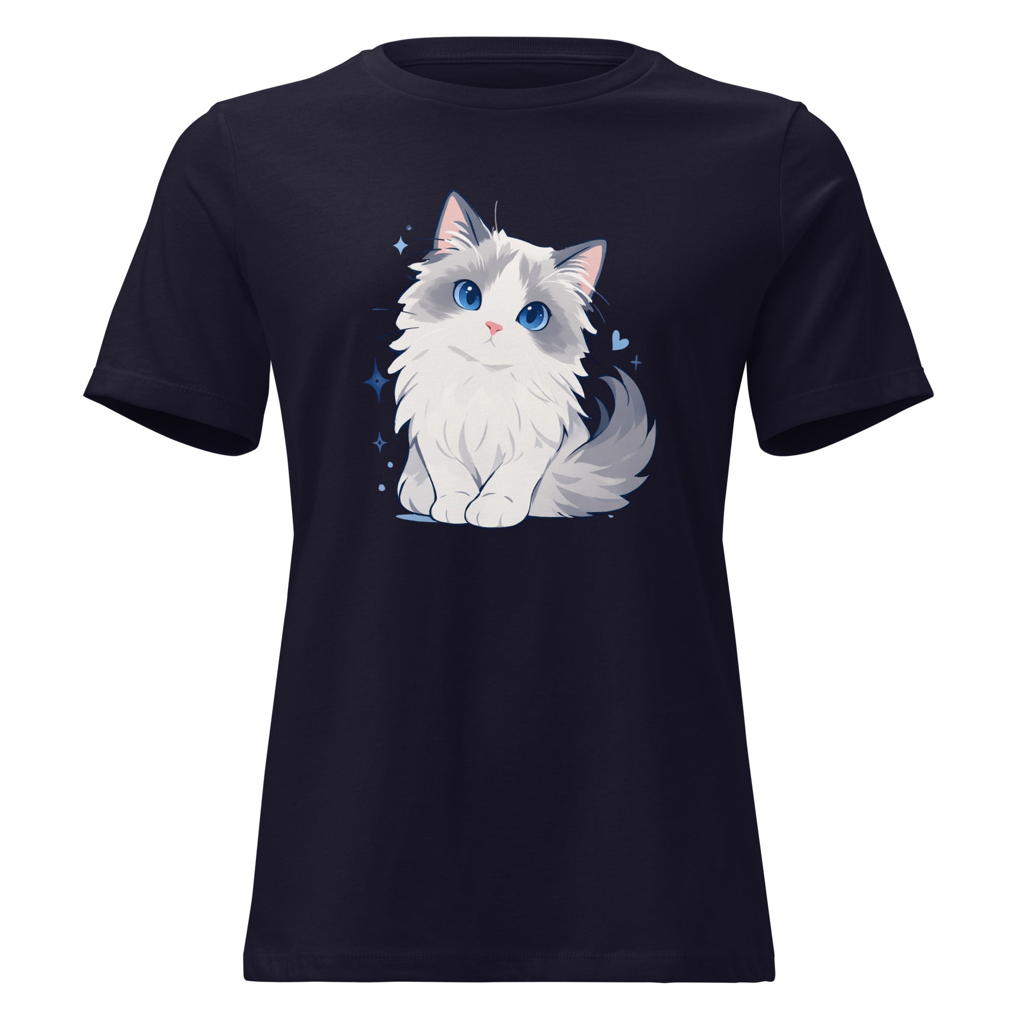 Navy women’s T-shirt with a cute blue-eyed ragdoll cat graphic