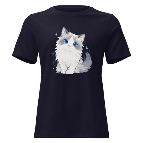 Navy women’s T-shirt with a cute blue-eyed ragdoll cat graphic