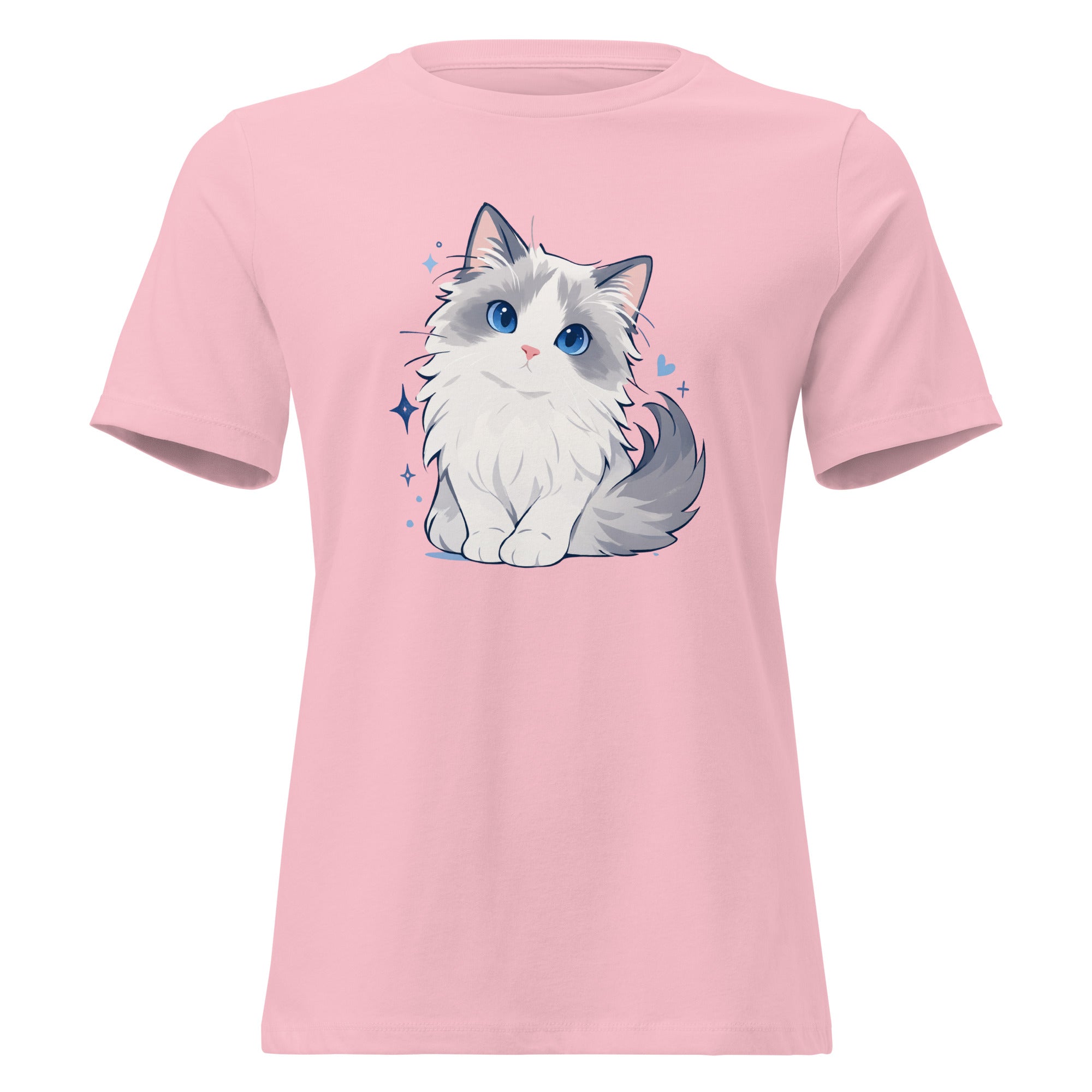 Pink women’s T-shirt with a cute blue-eyed ragdoll cat graphic