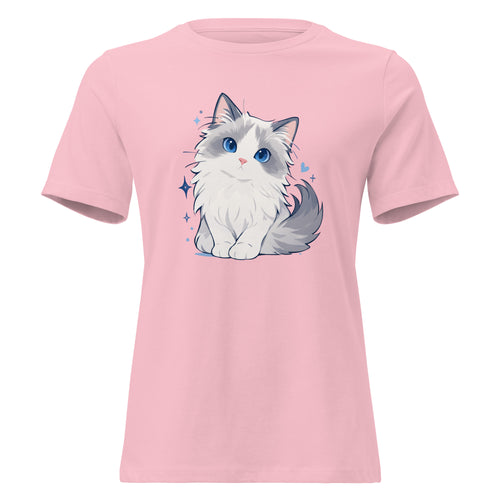 Pink women’s T-shirt with a cute blue-eyed ragdoll cat graphic