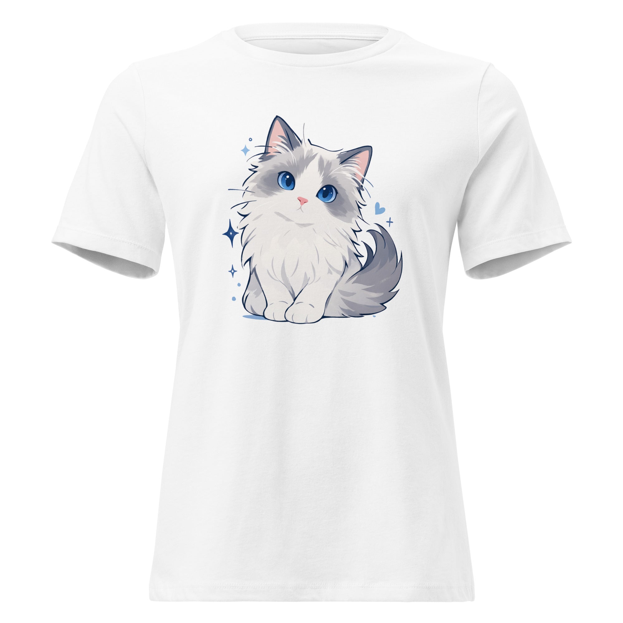 White women’s T-shirt with a cute blue-eyed ragdoll cat graphic